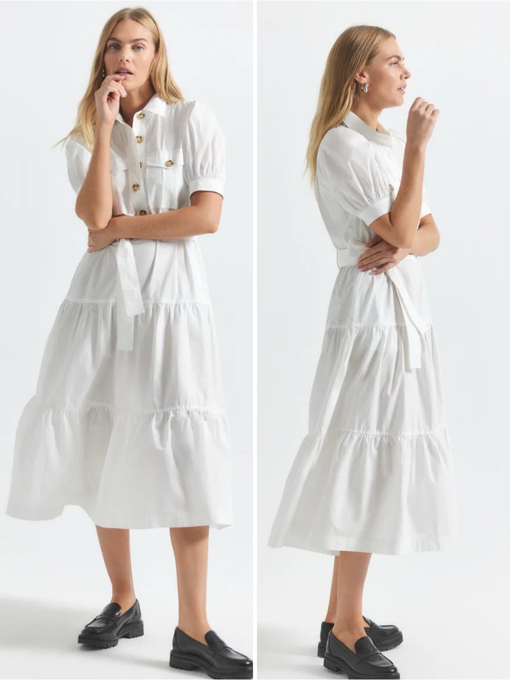 10 Crosby Derek Lam White Tiered Shirt Midi Dress with Belt